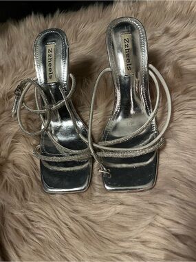 Silver Strappy Square-Toe Heels